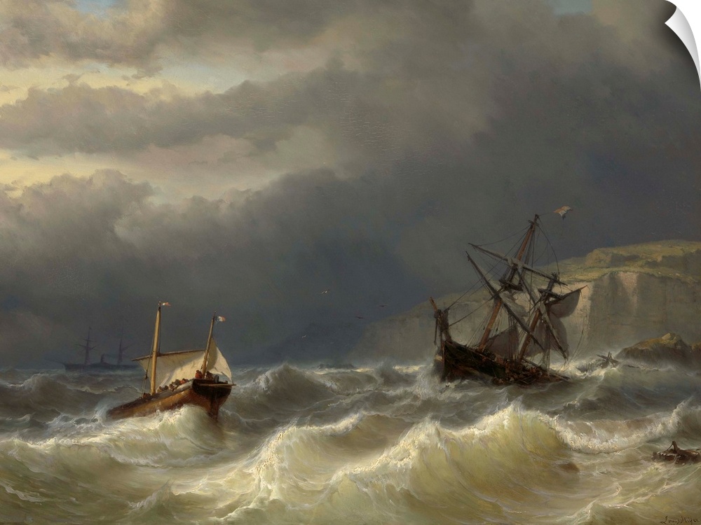 Storm in the Strait of Dover, by Louis Meijer, 1819-66, Dutch painting, oil on panel. Ships at sea near the Dover coast du...