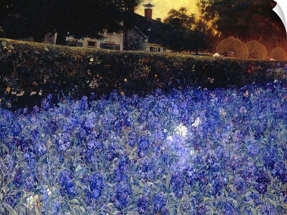 Summer Luxuriance, by Jac van Looij, c. 1890-1910, Dutch painting, oil on canvas. Bed of blue-purple flowers against the w...