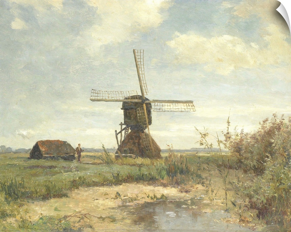 Sunny Day, a Mill to a Waterway, by Paul Gabriel, c. 1860-1903, Dutch painting, oil on panel. Nearby is a man with a fishi...