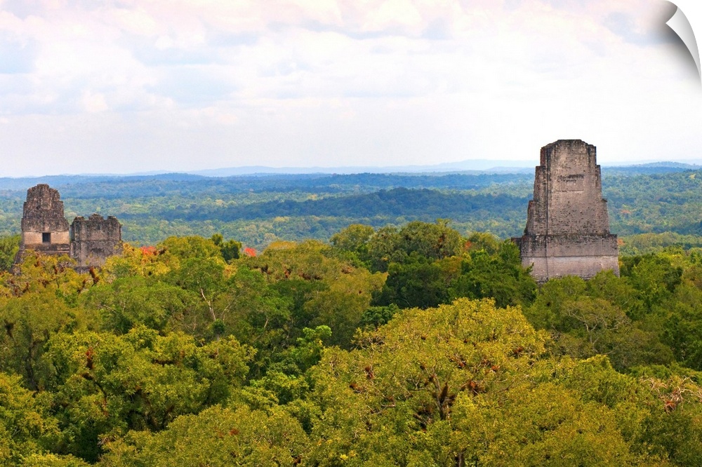 GUATEMALA. Tikal. Tikal National Park. View of the temples I, II and IV standing out the rainforest. Maya art. Architectur...