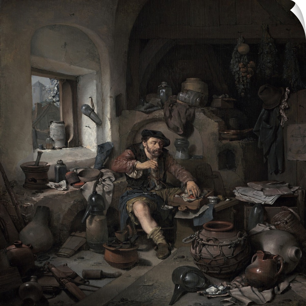 The Alchemist, by Cornelis Bega, 1663, Dutch painting, oil on canvas. Unkempt figure of an alchemist sits among a chaotic ...