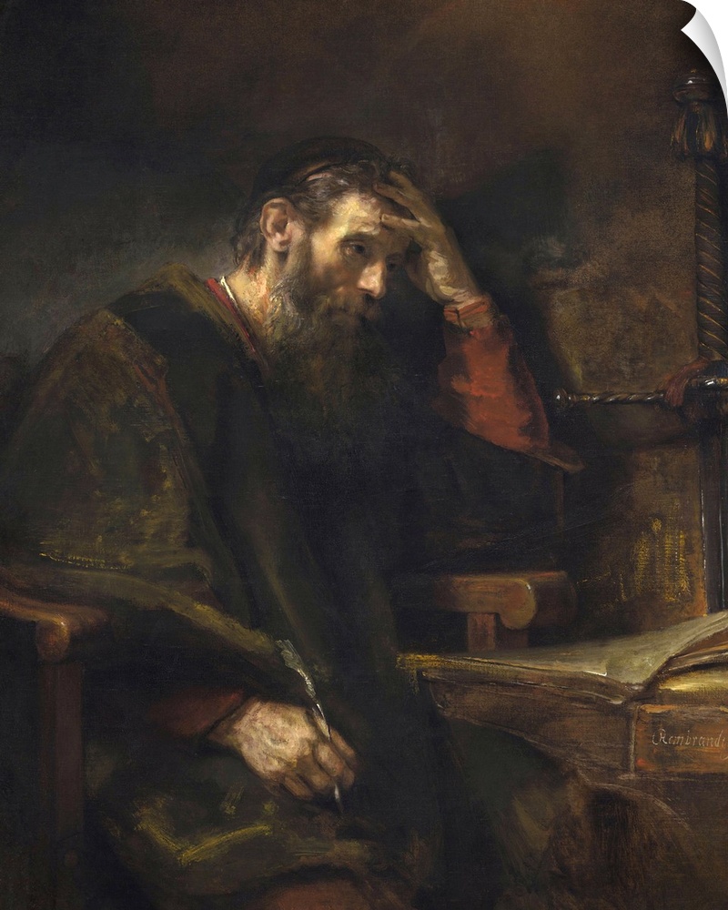 The Apostle Paul, by Rembrandt van Rijn, c. 1657, Dutch painting, oil on canvas. Meditative Paul at a table in his prison ...