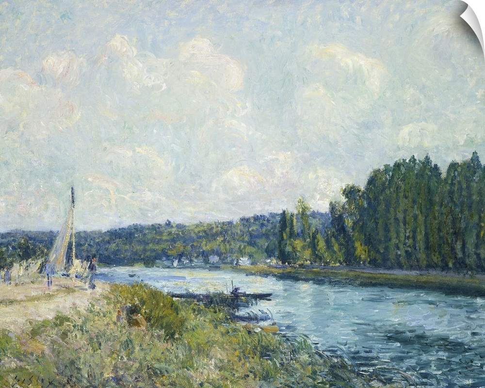 The Banks of the Oise, by Alfred Sisley, 1877-78, French impressionist painting, oil on canvas. River landscape with a sai...