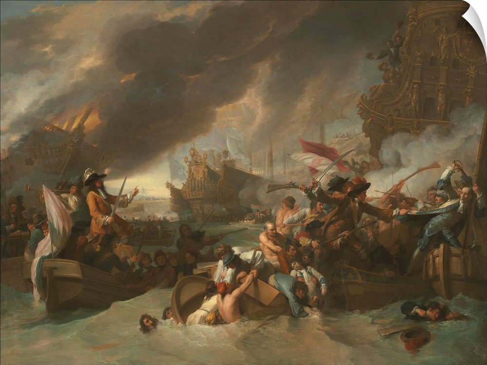 The Battle of La Hogue, by Benjamin West, c. 1778, British painting, oil on canvas. For five days May 29-June 4, 1692, Dut...