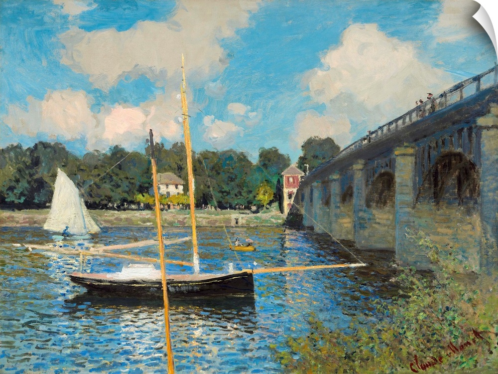 The Bridge at Argenteuil, by Claude Monet, 1874, French impressionist painting, oil on canvas. The bright blue of the sky ...