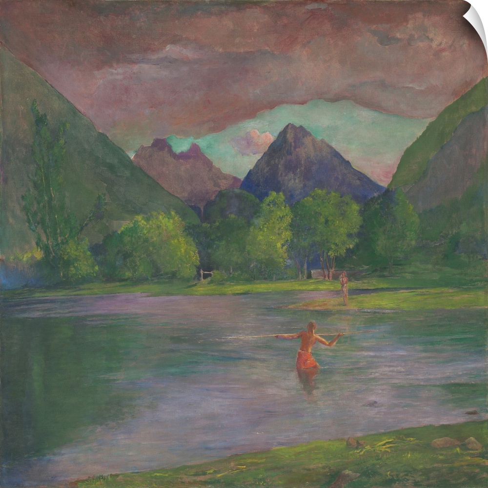 The Entrance to the Tautira River, Tahiti. Fisherman Spearing a Fish, by John La Farge, 1895, American painting, oil on ca...