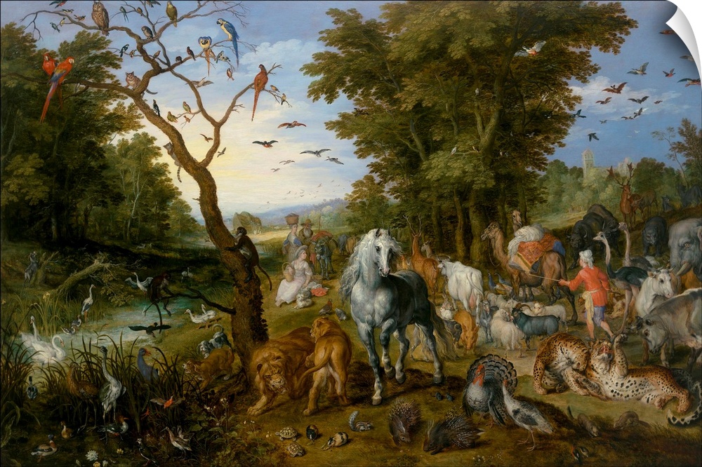 The Entry of the Animals into Noah's Ark, by Jan Brueghel the Elder, 1613, Flemish painting, oil on panel. Animals fill th...