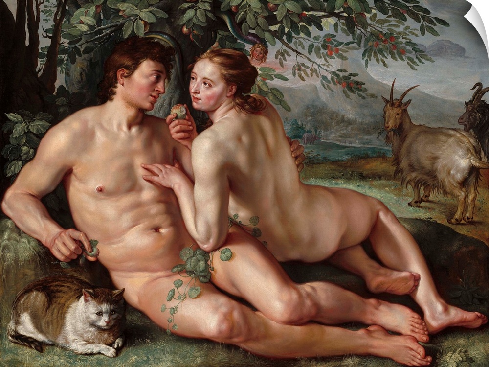 The Fall of Man, by Hendrick Goltzius, 1616, Dutch painting, oil on canvas. Goltzius presents the seduction based on mutua...