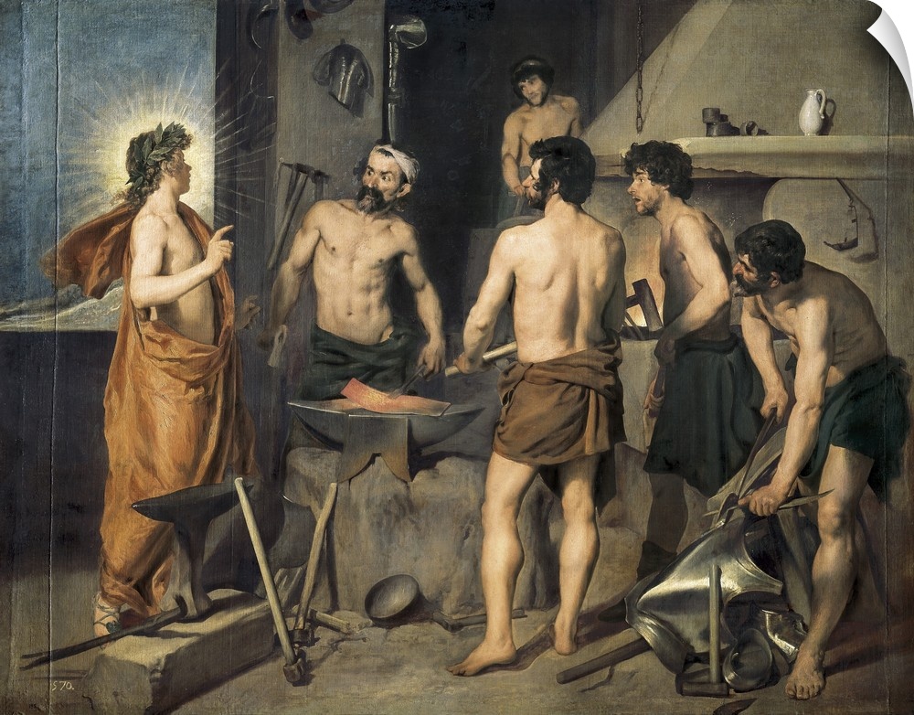 VELAZQUEZ, Diego Rodriguez de Silva (1599-1660). The Forge of Vulcan. 1630. Apollo visits Vulcan and informs him of the af...