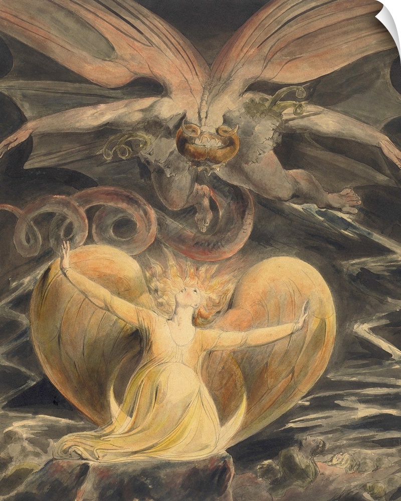 The Great Red Dragon and the Woman Clothed with the Sun, by William Blake, 1805, British painting, pen and ink with waterc...