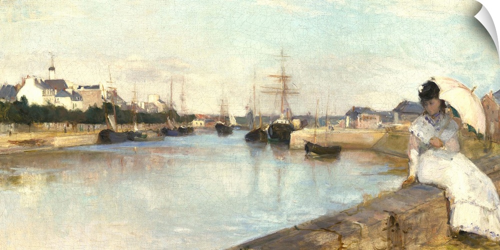 The Harbor at Lorient, by Berthe Morisot, 1869, French painting, oil on canvas. Impressionist view of still water and ship...