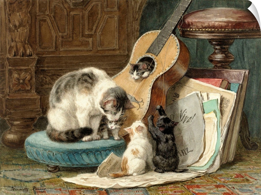 The Harmonists, by Henriette Ronner, 1876-77, Dutch watercolor painting, on paper. A mother cat sits on a footstool near h...