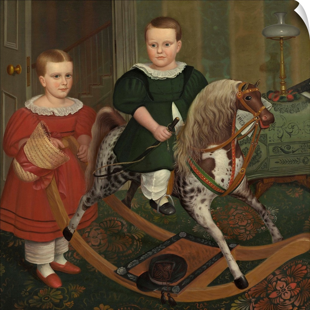 The Hobby Horse, by Robert Peckham, 1840, American Na..ve painting, oil on canvas. The hide-covered hobby horse, has a rea...
