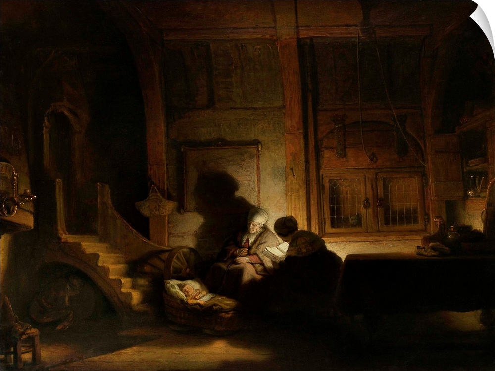 The Holy Family at Night, by workshop of Rembrandt van Rijn, 1642-48, Dutch painting, oil on panel. Interior lit by candle...