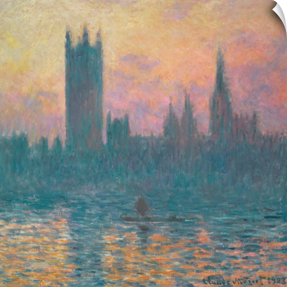 The Houses of Parliament, Sunset, by Claude Monet, 1903, French impressionist painting, oil on canvas. Between 1899 and 19...