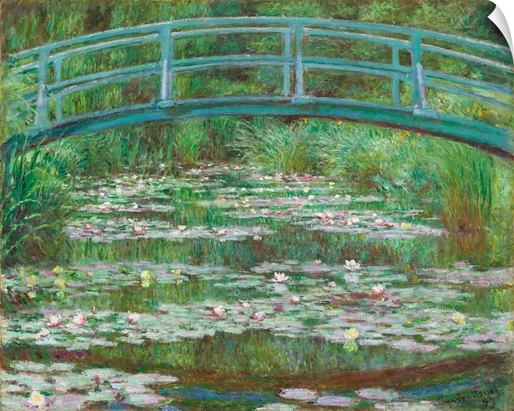 The Japanese Footbridge, by Claude Monet, 1899, French impressionist painting, oil on canvas. Floating lily pads and mirro...