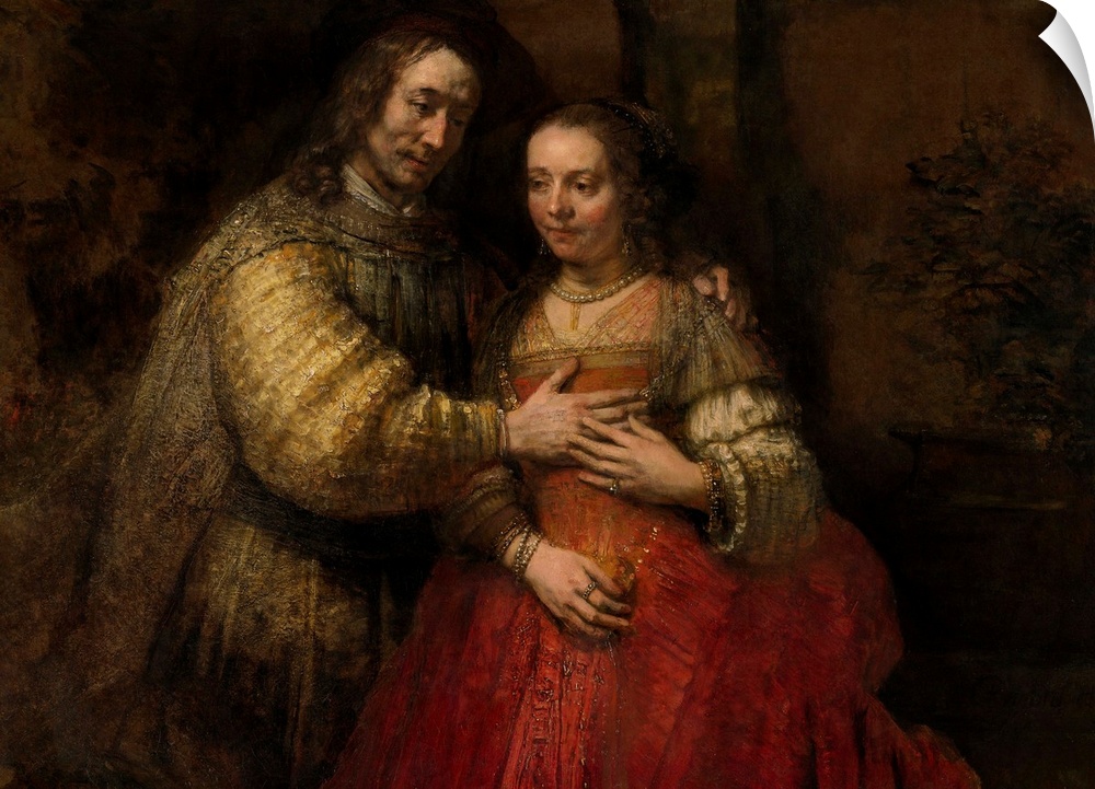 The Jewish Bride, by Rembrandt van Rijn, c. 1665-69, Dutch painting, oil on canvas. Richly costumed couple, with man placi...