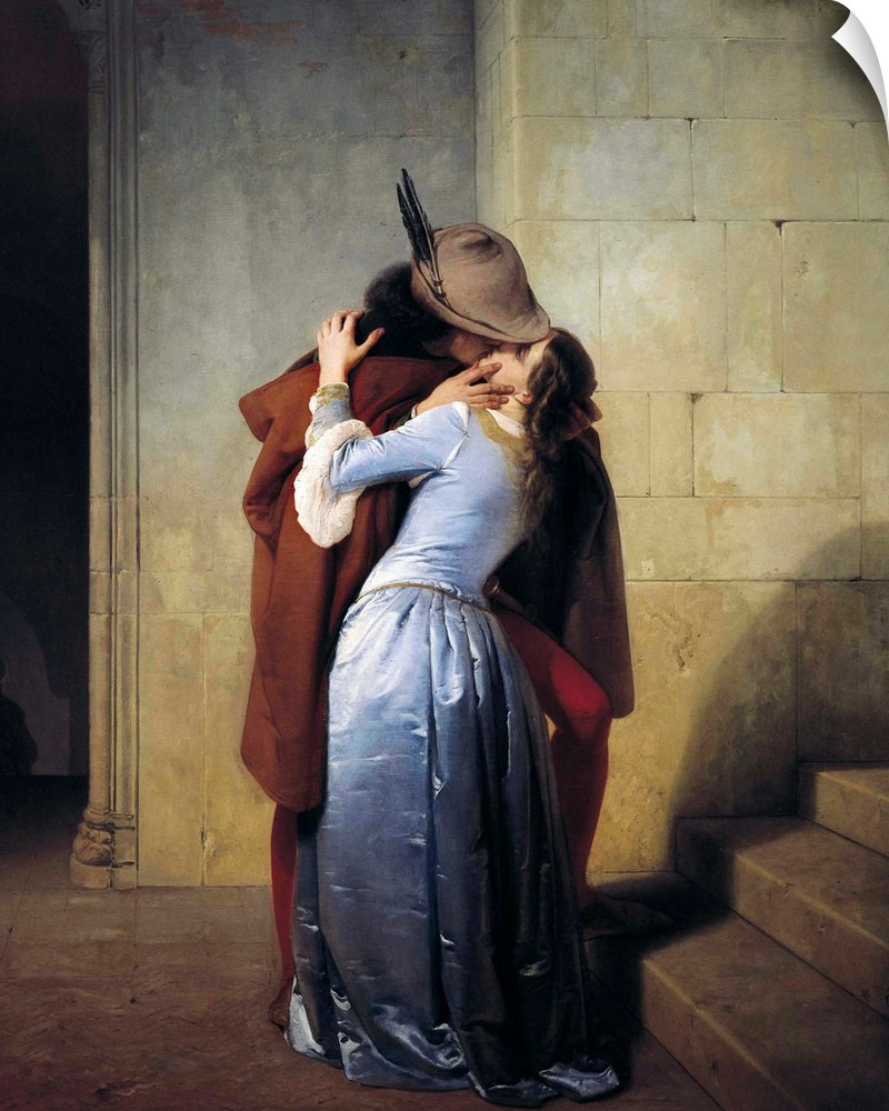 19th century classic painting of a man kissing a woman in a stone hallway.