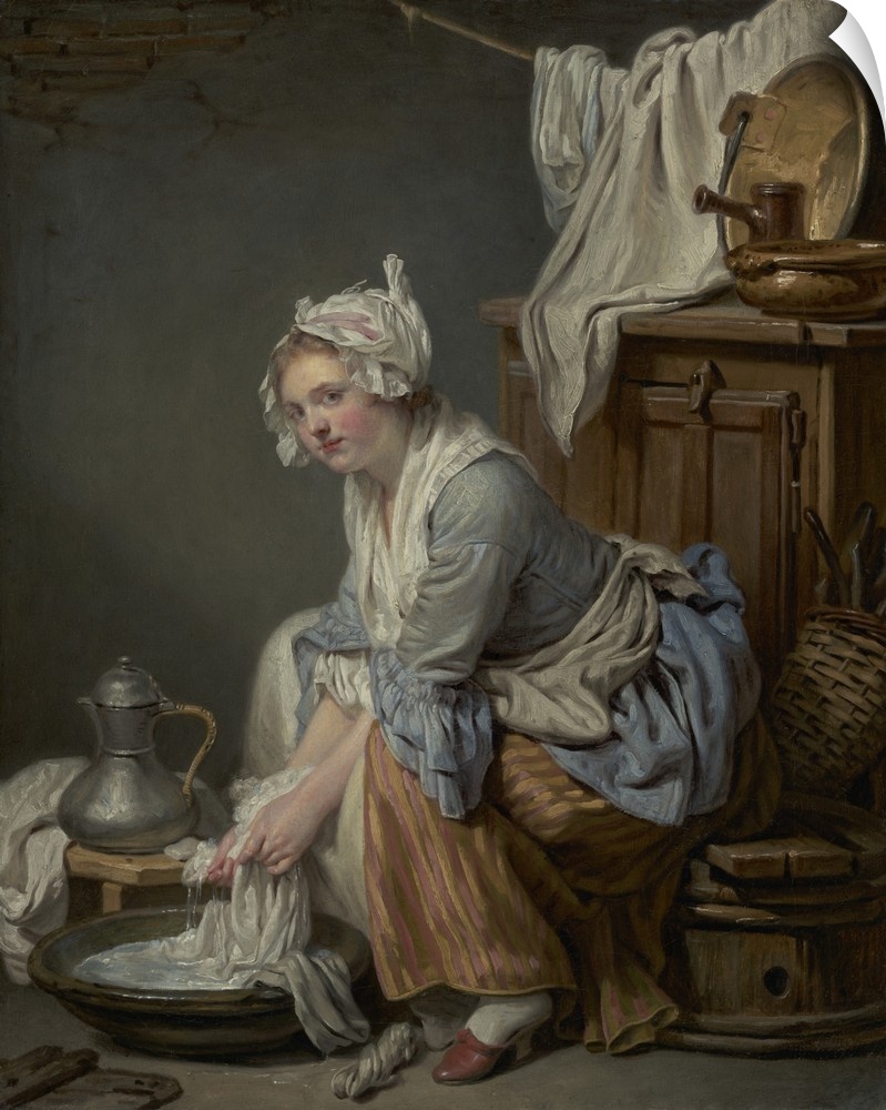 The Laundress, by Jean-Baptiste Greuze, 1761, French painting, oil on canvas. The moralizing artist Greuze portrays maidse...