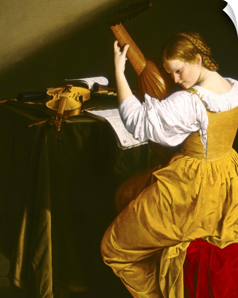 The Lute Player, by Orazio Gentileschi, c. 1612-20, Italian Renaissance painting, oil on canvas. Young woman listens to a ...