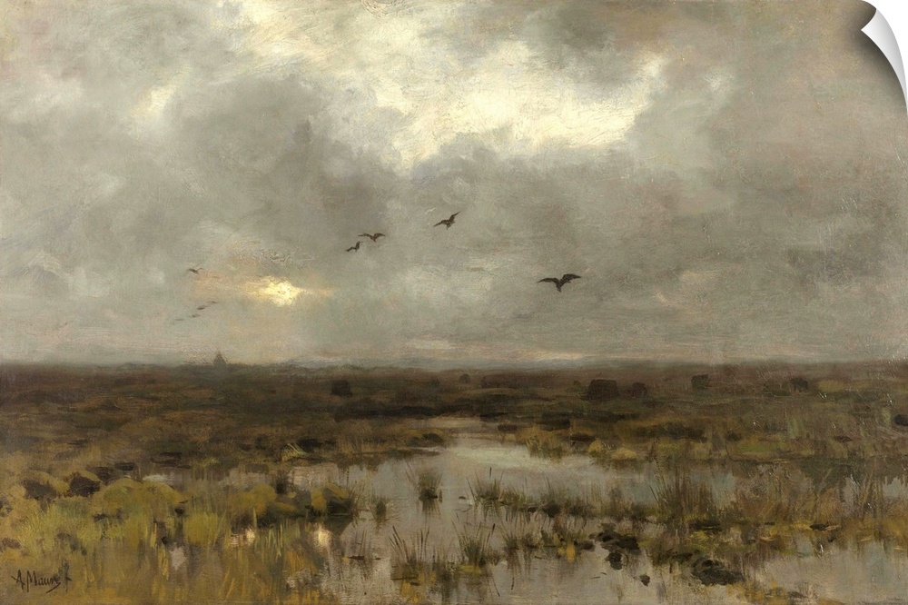 The Marsh, Anton Mauve, c. 1885-88, Dutch painting, oil on canvas. Overcast landscape with a marsh and a few birds.