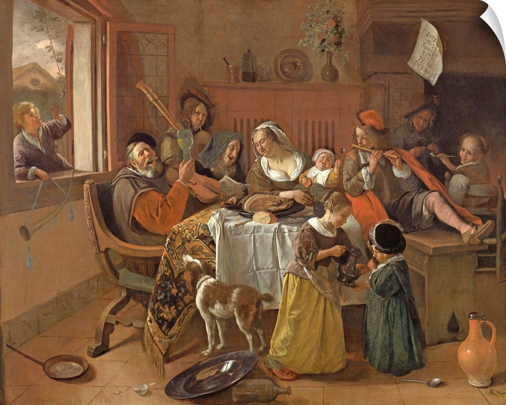 The Merry Family, by Jan Steen, 1668, Dutch painting, oil on canvas. The father sings while raising a glass and the mother...