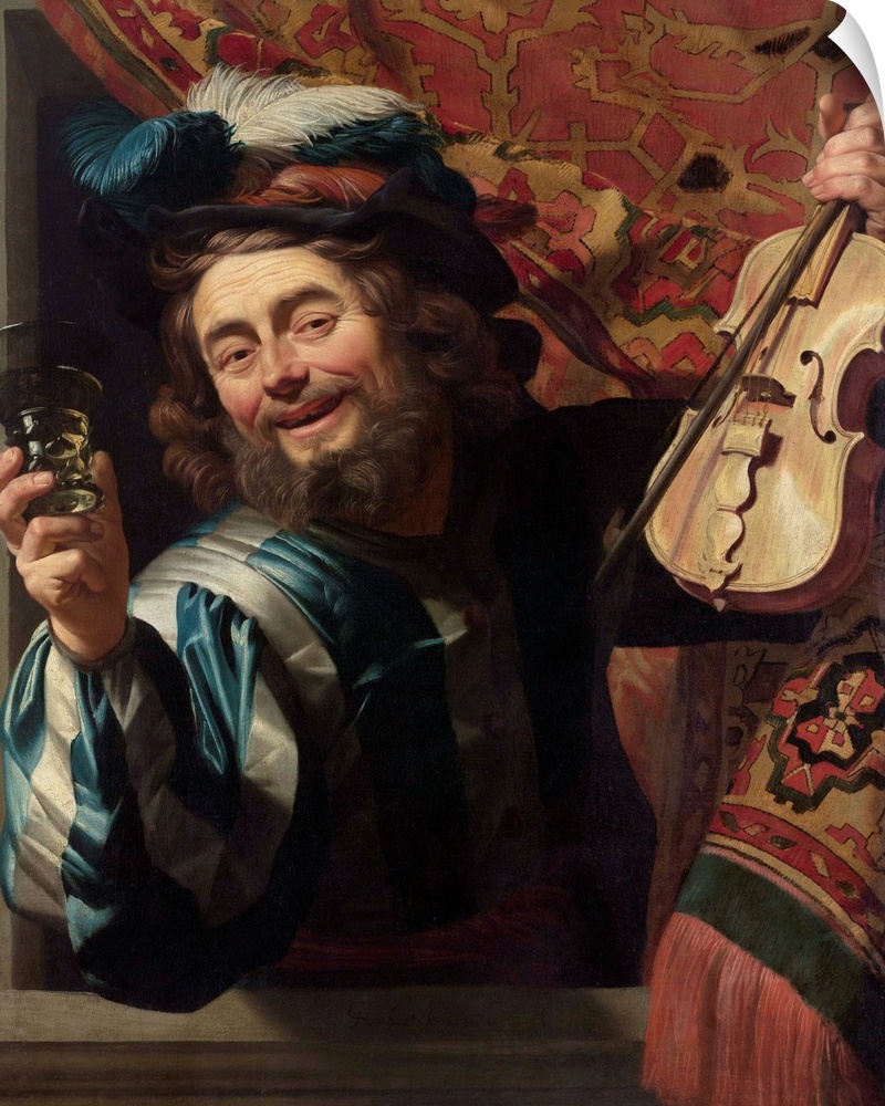 The Merry Fiddler, by Gerard van Honthorst, 1623, Dutch painting, oil on canvas. Wearing extravagant Italian clothing, a s...