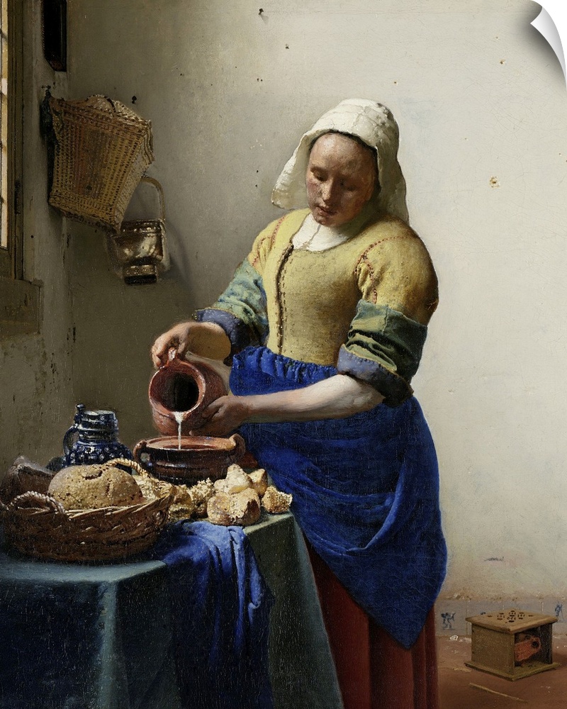 The Milkmaid, by Johannes Vermeer, 1660, Dutch painting, oil on canvas. Illuminated by light from a window, a young woman ...