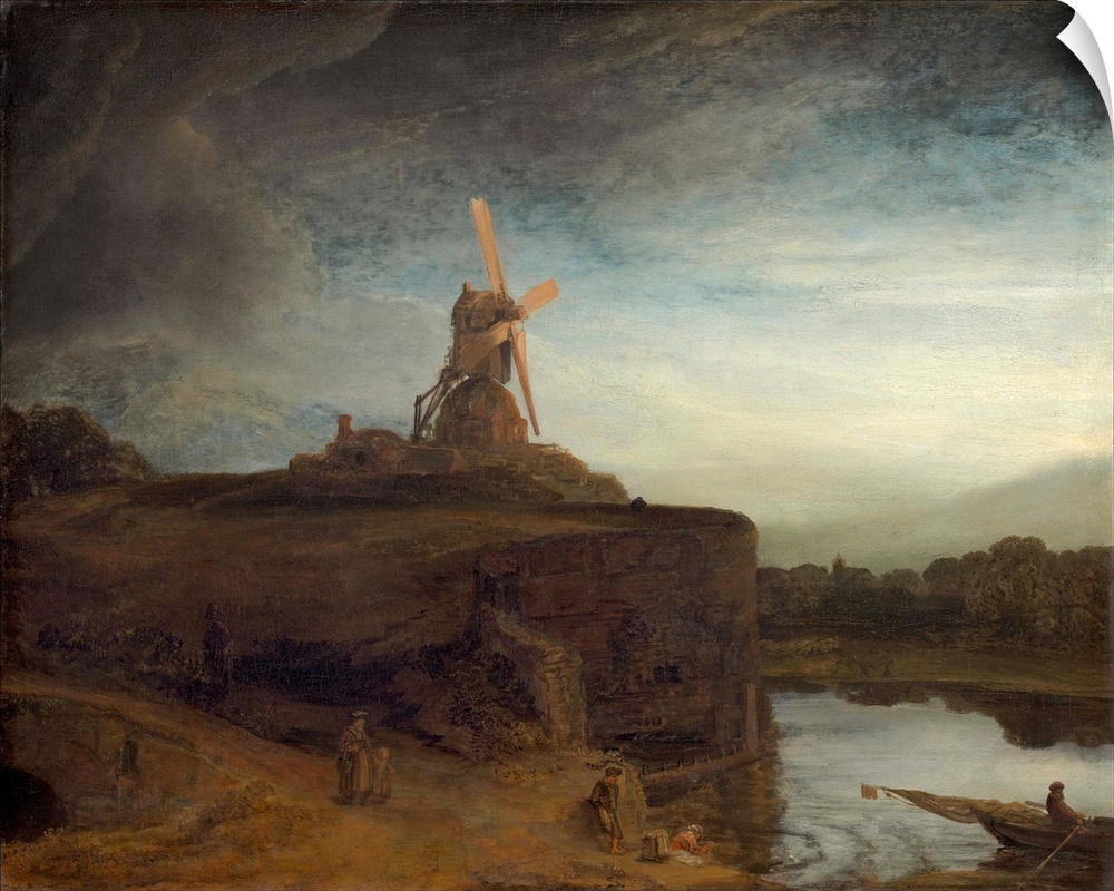 The Mill, by Rembrandt van Rijn, c. 1645-48, Dutch painting, oil on canvas. The bright sails of the blades draw the viewer...