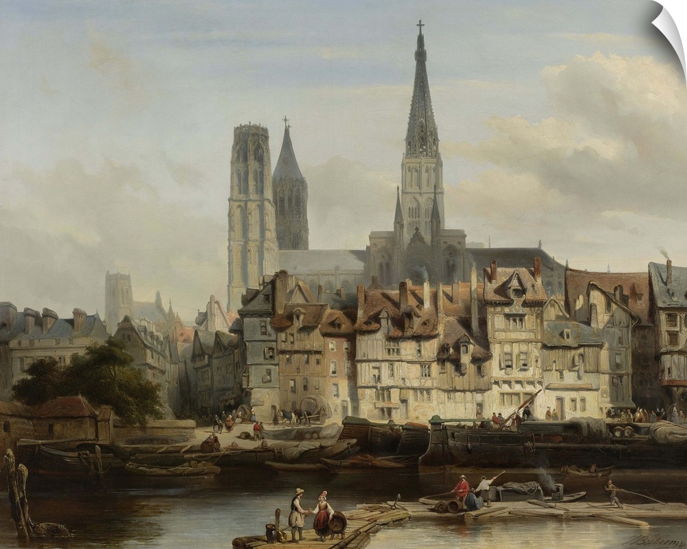 The Quay de Paris in Rouen, by Johannes Bosboom, 1839, Dutch painting, oil on canvas. Wharf with moored ships, wagons, and...