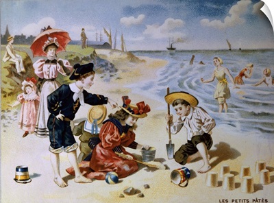 The Sandcastles, Children Playing at the Beach, c.1880-1900, French Lithograph