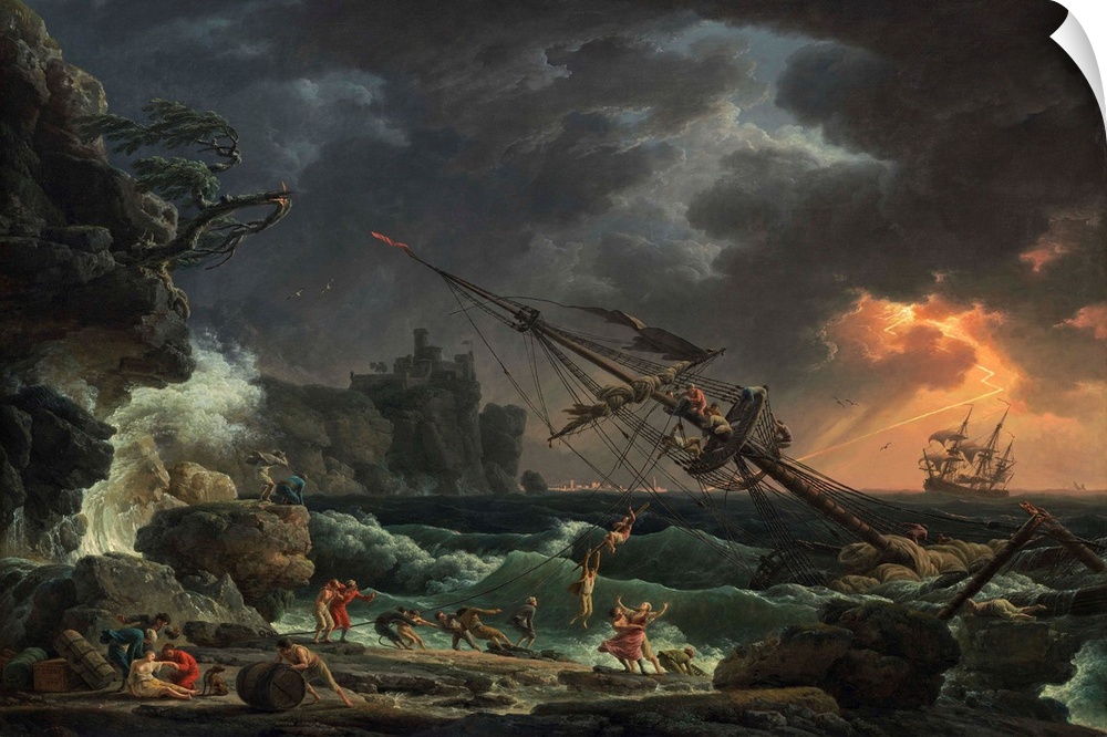 The Shipwreck, by Claude-Joseph Vernet, 1772, French painting, oil on canvas. People escape on a life line from a storm wr...