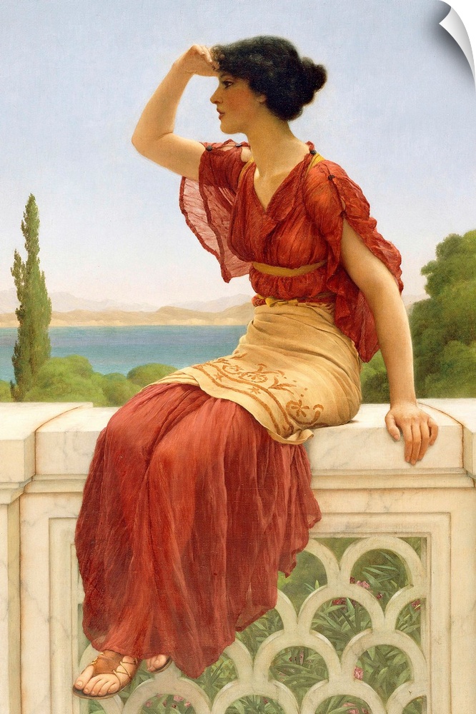 The Signal, by John William Godward, 1899, English painting, oil on canvas. The seascape in the background, and the woman'...