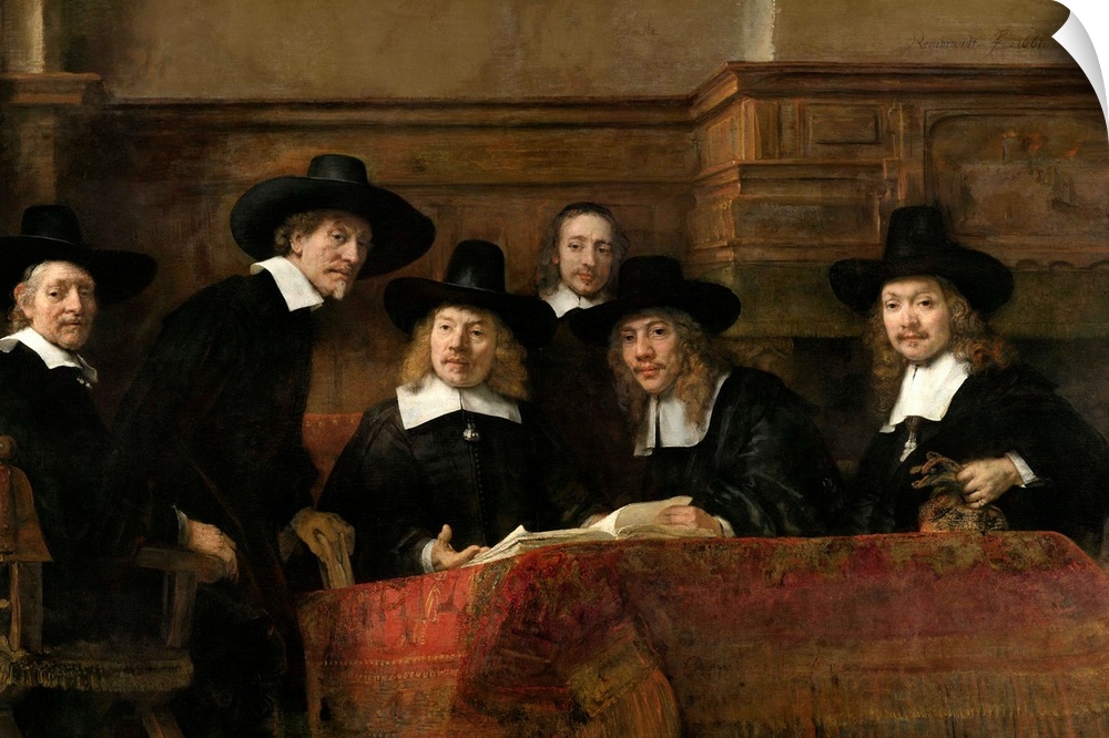 The Syndics, by Rembrandt van Rijn, 1662, Dutch painting, oil on canvas. The painting, original title was, 'The Sampling O...