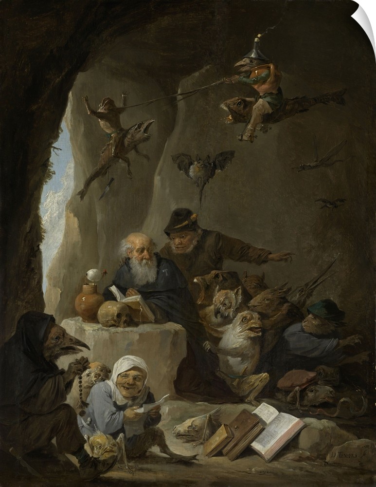 The Temptation of St Anthony, David Teniers (II), 1640-60, Flemish painting, oil on panel. St. Anthony the Hermit preys in...