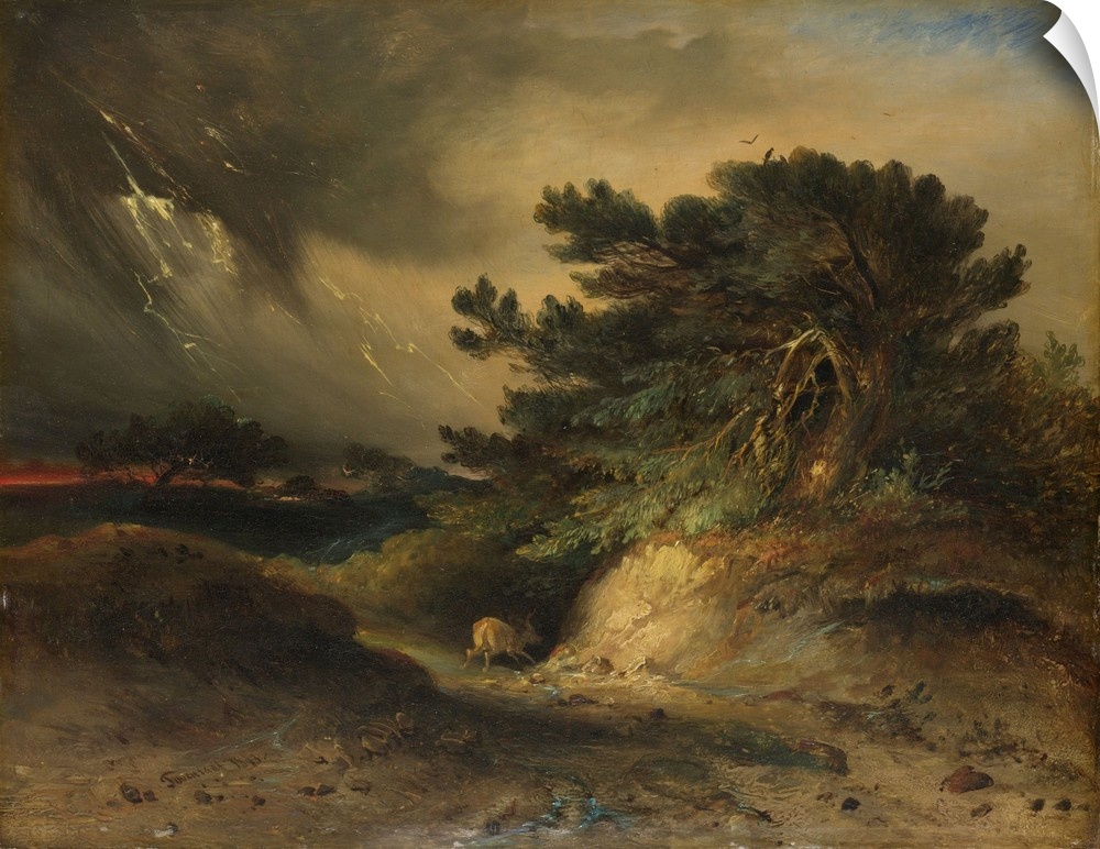 The Thunderstorm, by Johannes Tavenraat, 1843, Dutch painting, oil on panel. Dramatic storm scene incorporating strong opp...