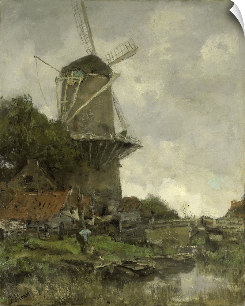 The Windmill, by Jacob Maris, c. 1880-86, Dutch painting, oil on canvas. Windmill behind some houses and trees in a canal....