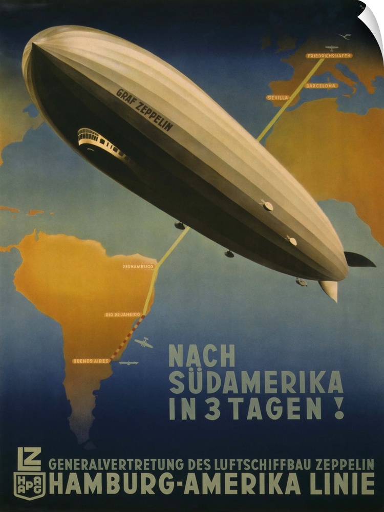 Three Days to South America! Hamburg-America Line. Travel Poster promoting Graf Zeppelin route from Friedrichshafen to Bue...