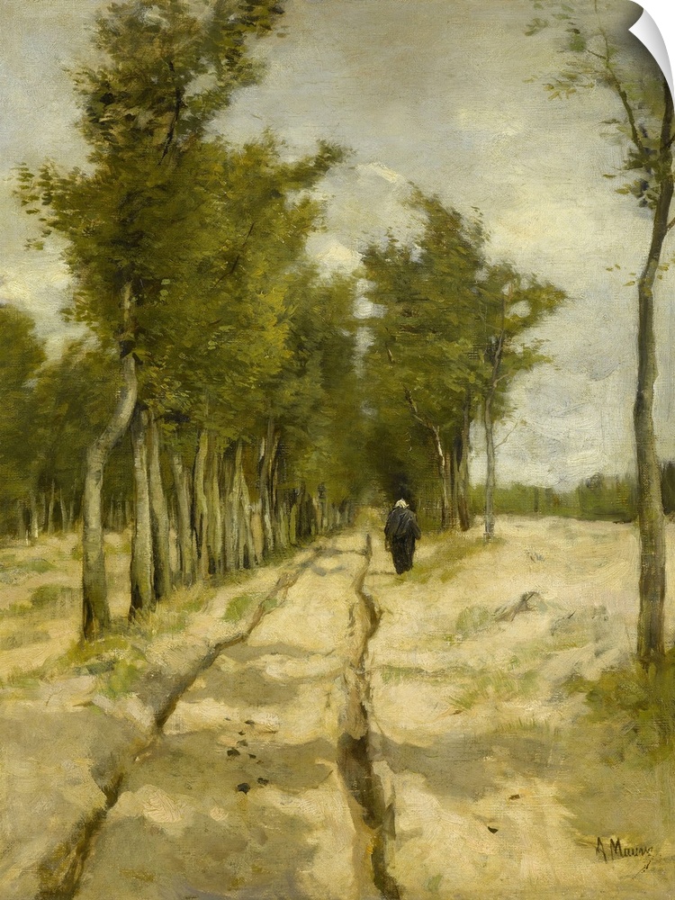 Torenlaan Laren, by Anton Mauve, by 1886, Dutch painting, oil on canvas. A woman walks on a tree-lined, wheel rutted dirt ...