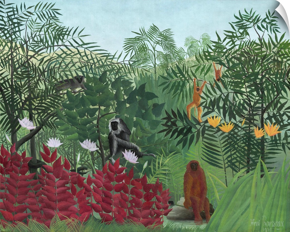 Tropical Forest with Monkeys, by Henri Rousseau, 1910, French painting, oil on canvas. Rousseau exaggerated the size of co...