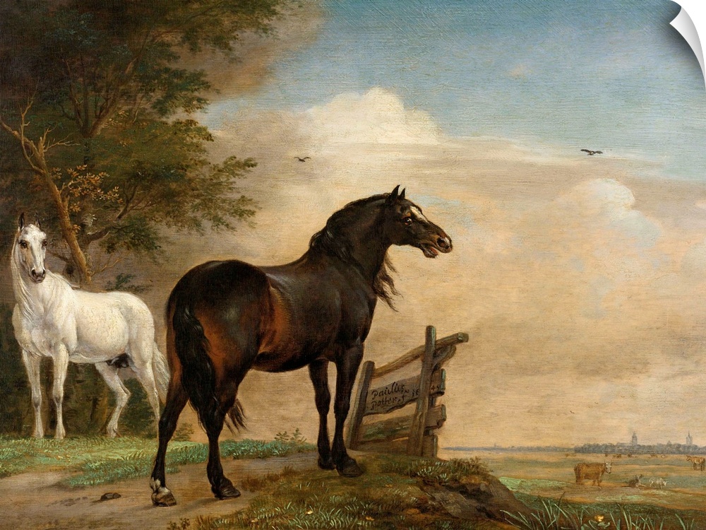 Two Horses in a Meadow Near a Gate, by Paulus Potter, 1649, Dutch painting, oil on panel. The horses are on a low hill bef...