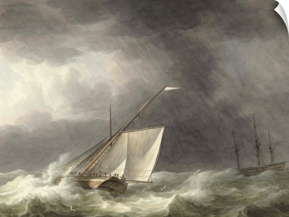 Two Sailing Ships in Rough Seas, by Martinus Schouman, 1803, Dutch watercolor painting.