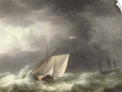 Two Sailing Ships in Rough Seas, 1803, Dutch watercolor painting