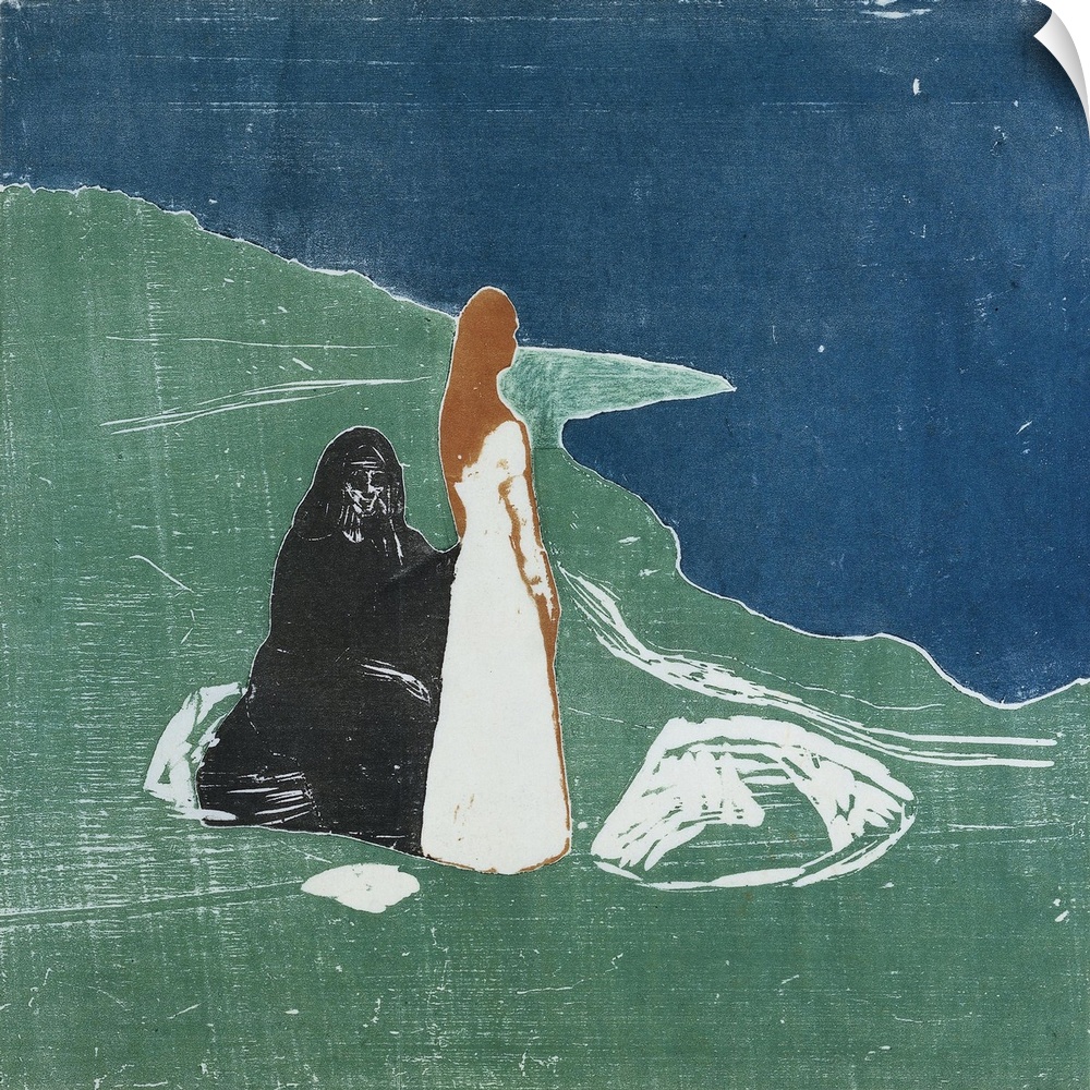 Two Women at the Seashore, by Edvard Munch, 1898, Norwegian print, color woodcut. A young woman in white looks into the se...