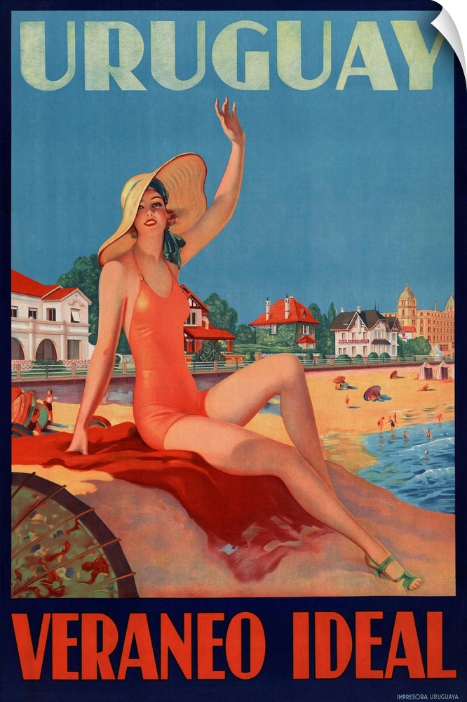 Uruguay, Veraneo Ideal. (Uruguay-Ideal Summer Holiday). 1930s travel poster shows a bathing beauty at the beach.