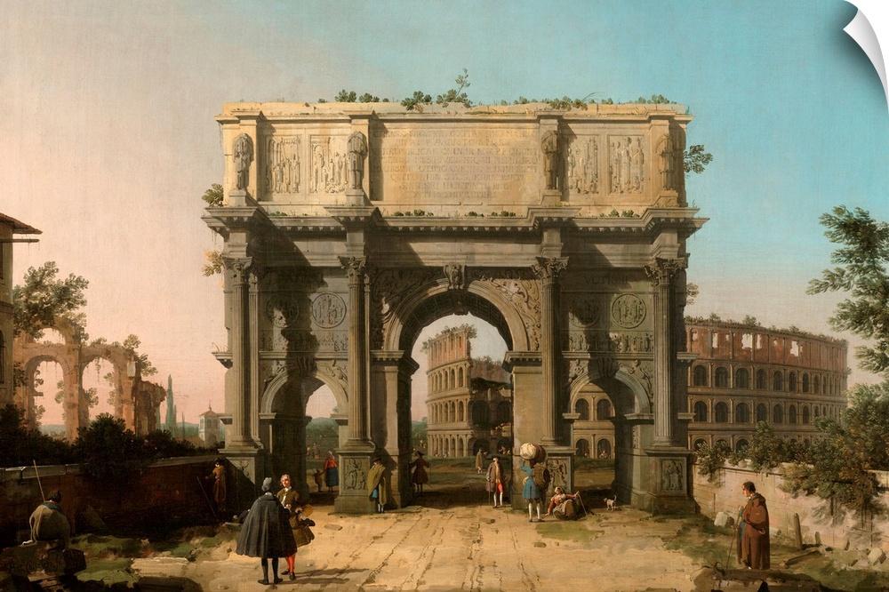 View of the Arch of Constantine with the Colosseum, Italian, by Canaletto, 1742-45, Italian painting, oil on canvas. Noted...