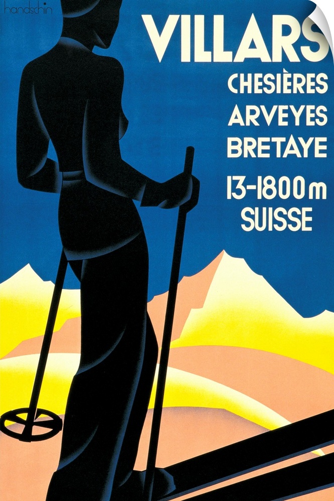 private collection. Advertising poster mountain female skier yellow blue black Villars Switzerland. (159958) Everett Colle...