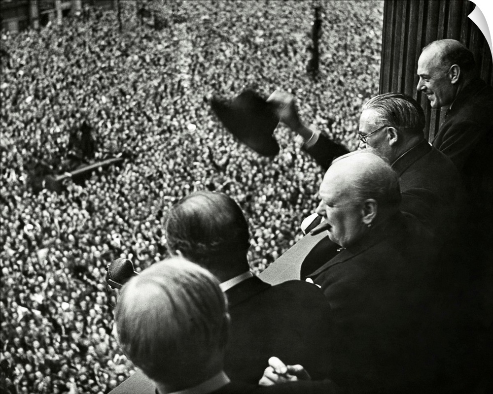 Winston Churchill addressing the crowd at Whitehall during the Victory in Europe celebration. May 8, 1948.