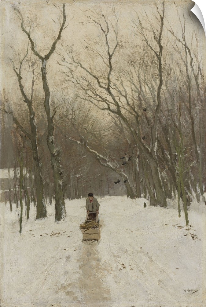 Winter in the Scheveningse Bushes, Anton Mauve, 1870-88. Dutch painting, oil on canvas. Man pushes a sled loaded with fire...