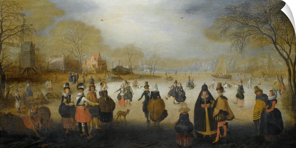 Winter Landscape with Skaters, by Hendrick Avercamp, 1615-20, Dutch painting, oil on panel. In the foreground are men and ...